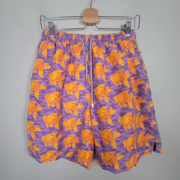 Peter Millar M Swim Trunks Goldfish Print Drawstring Mesh Lined Shorts Purple - Picture 1 of 13